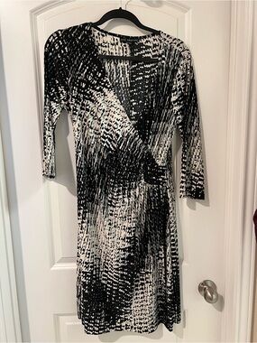 Mlle Gabrielle Black and White Abstract Wrap Midi Dress